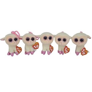 Ty Beanie Boos Twinkle Lamb Plush Cream Pink with Keychain Backpack Clip Set x5